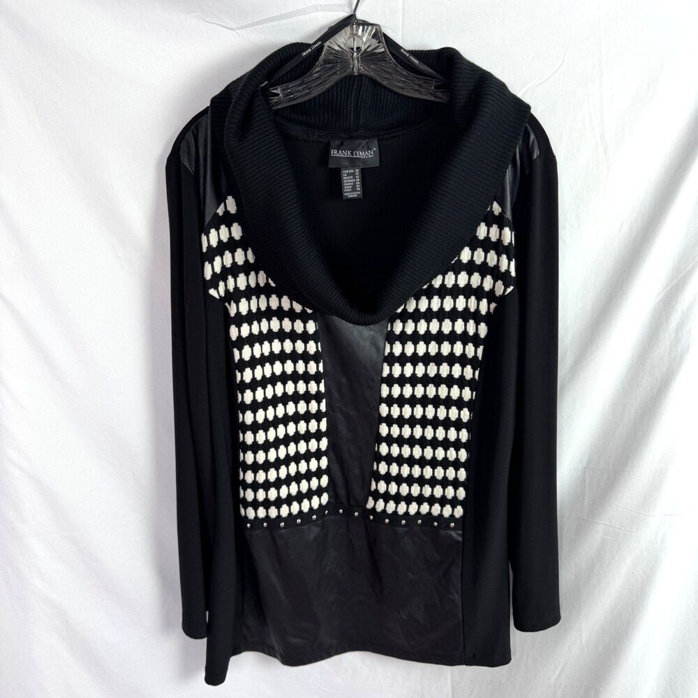 Frank Lyman Design Women's Tunic Sweater Top Size 20/1X Black/White Cowl Neck